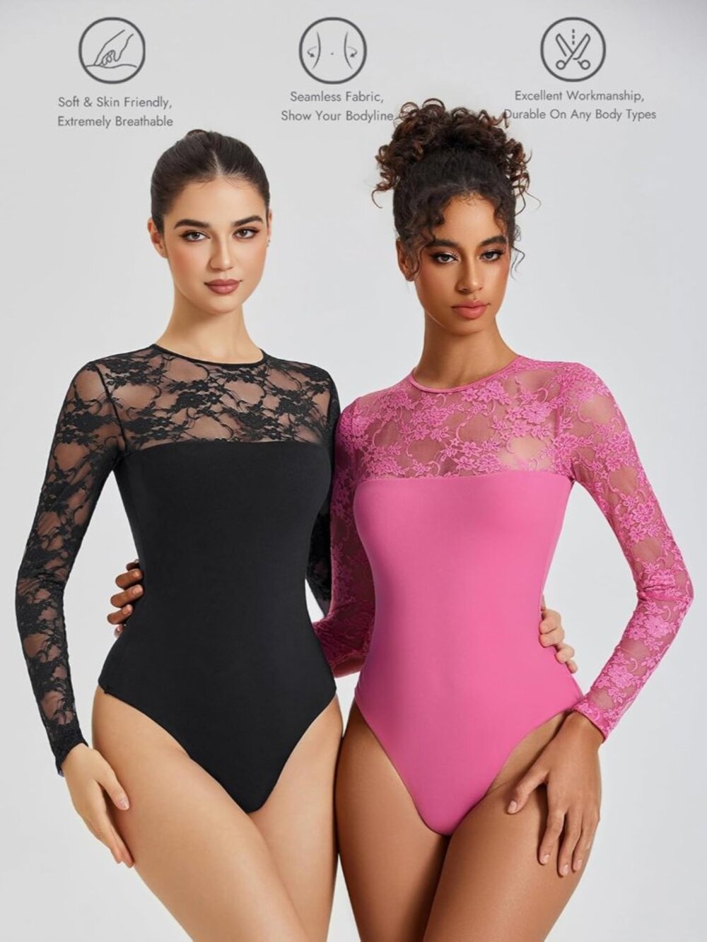 〽️ Women's Long Sleeve Lace Crew Neck Slimming Outfits Concert Bodysuit Tops - Picture 3 of 6